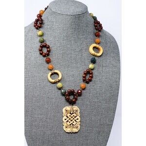 Vintage Carved beaded Asian artisan necklace Glass Wood Statement